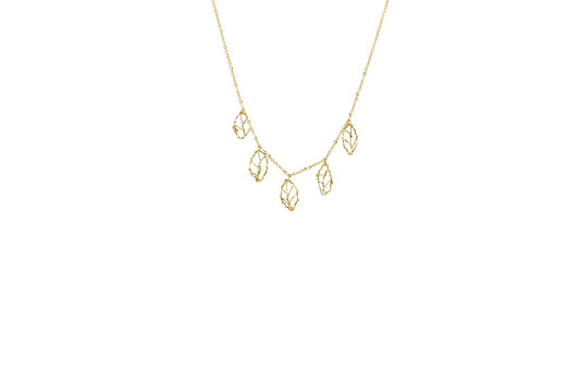 A delicate gold necklace featuring five small, leaf-shaped wire pendants arranged in a V-shape, shown against a solid white background.